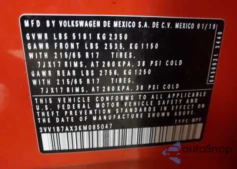 2019 Volkswagen Tiguan 2.0T S z USA, uszkodzony, nr VIN 3VV1B7AX3KM085047